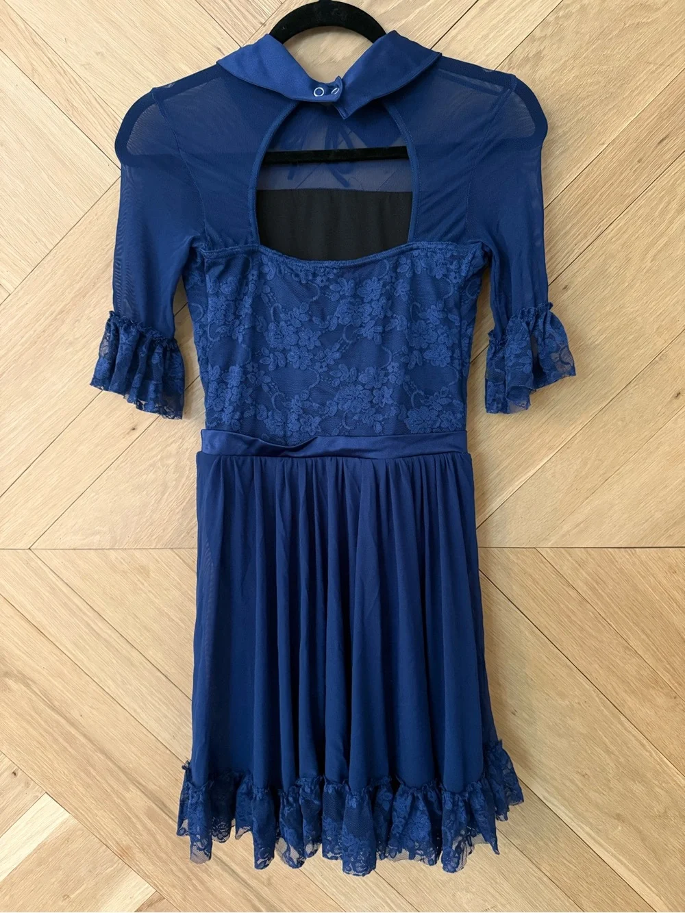 Weissman Navy Blue Lace & Mesh Peter Pan Collar Dress